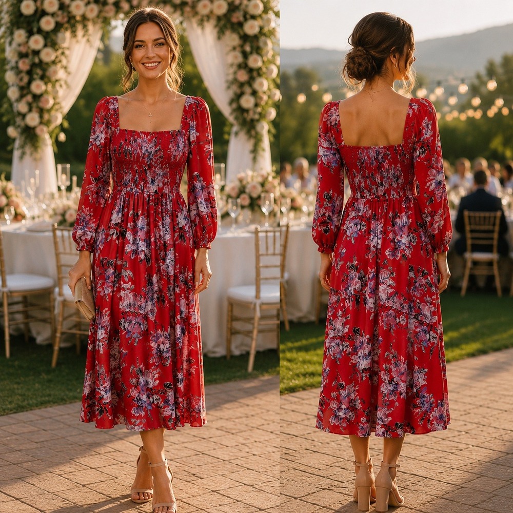 Chelsea28 Red Floral Smocked Bodice Midi Dress Long‎ Sleeve XXL NWT Nordstrom